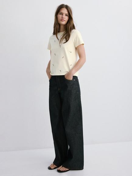 Mango Embroidered T-Shirt, Vanilla, Vanilla