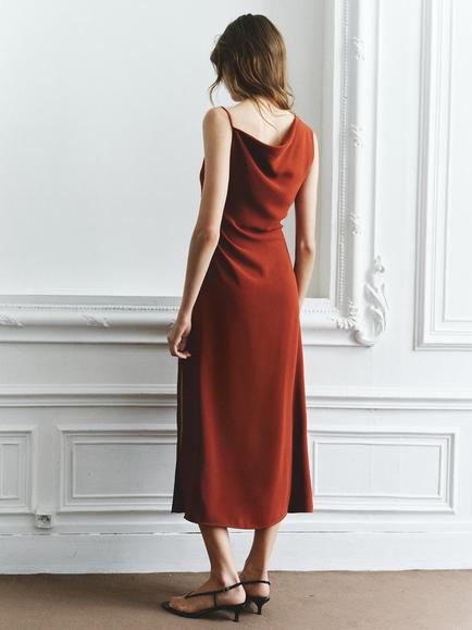 Mango Asymmetric Ruched Midi Dress, Terracotta - view 2, Terracotta