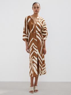 Mango Vestido Animal Print Fluid Wrap Midi Sash Dress, Brown, Brown