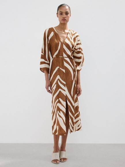 Mango Vestido Animal Print Fluid Wrap Midi Sash Dress, Brown, Brown