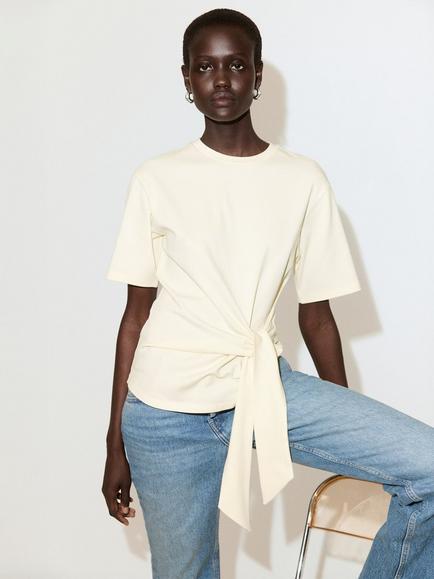 Mango Side-Knot Crew Neck T-Shirt, Vanilla, Vanilla