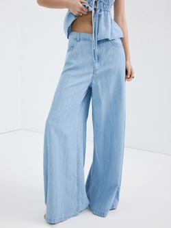 Mango High Rise Palazzo Wide Leg Jeans, Light Blue, Light Blue