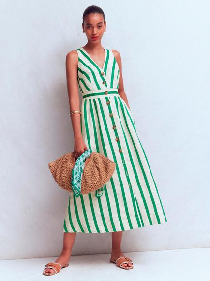 Boden Catherine Linen Rich Stripe A Line Midi Dress, Ivory/Green, Ivory/Green