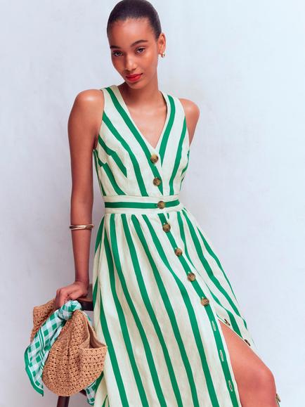 Boden Catherine Linen Rich Stripe A Line Midi Dress, Ivory/Green - view 2, Ivory/Green