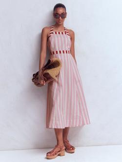 Boden Cross Back Linen Blend Striped Midi Dress, Pink/Ivory, Pink/Ivory
