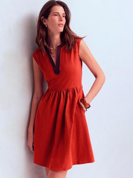 Boden May Embroidered Jersey Fit and Flare Knee Length Dress, Orange, Burnt Orange
