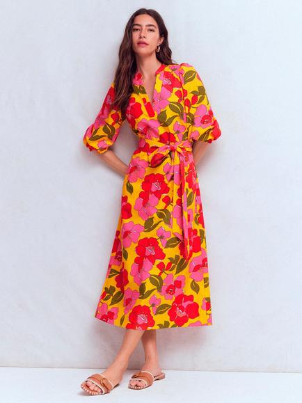 Boden Octavia Cotton Floral A Line Midi Dress, Yellow, Yellow Radiant Bloom