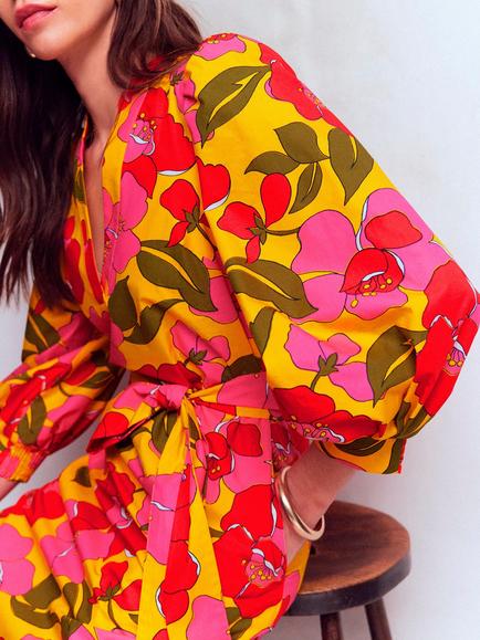 Boden Octavia Cotton Floral A Line Midi Dress, Yellow - view 2, Yellow Radiant Bloom