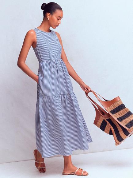 Boden Cotton Stripe Tiered Sleeveless Midi Dress, Blue/Ivory, Blue/Ivory