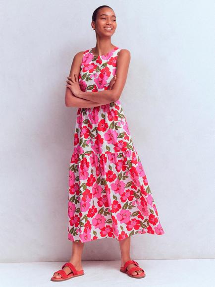 Boden Cotton Floral Tiered Sleeveless Midi Dress, Pink/Multi, Pink/Multi