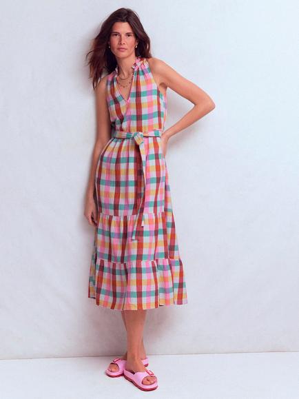 Boden Viv Sleeveless Check Cotton Tiered Midi Dress, Multi, Multi