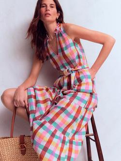 Boden Viv Sleeveless Check Cotton Tiered Midi Dress, Multi - view 2, Multi