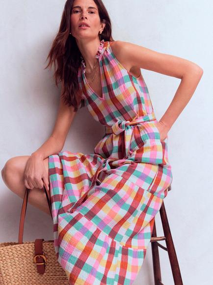 Boden Viv Sleeveless Check Cotton Tiered Midi Dress, Multi - view 2, Multi