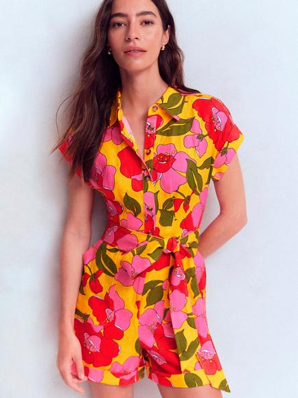 Boden Kay Linen Playsuit, Yellow, Yellow Radiant Bloom