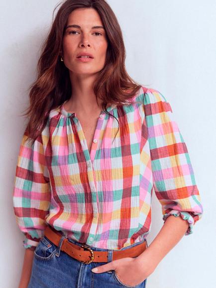 Boden Camille Cotton Check Three Quarter Length Puff Sleeve Top, Ivory/Pink, Ivory/Pink