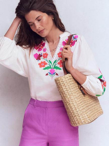 Boden Embroidered Cotton Puff Sleeve Top, White/Multi, White/Multi