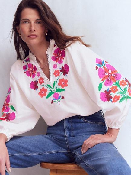 Boden Embroidered Cotton Puff Sleeve Top, White/Multi - view 2, White/Multi