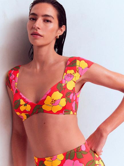 Boden Floral Sweetheart Neckline Bikini Top, Red/Multi, Red/Multi