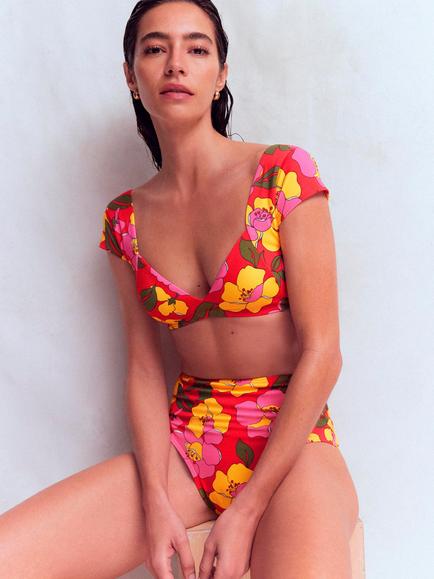 Boden Floral Sweetheart Neckline Bikini Top, Red/Multi - view 2, Red/Multi