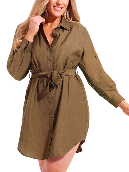 Seaspray Leah Belted Beach Cover Up Shirt - view 2, Olive