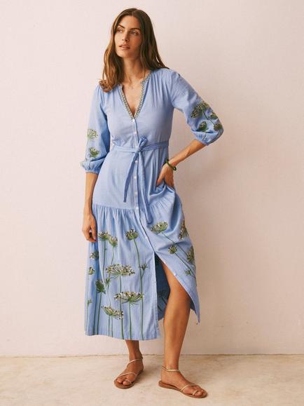NRBY x Susan Entwistle Ellen Cotton Seersucker Embroidered Dress, Mid Blue, Mid Blue