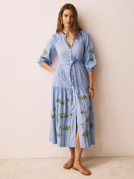 NRBY x Susan Entwistle Ellen Cotton Seersucker Embroidered Dress, Mid Blue - view 2, Mid Blue