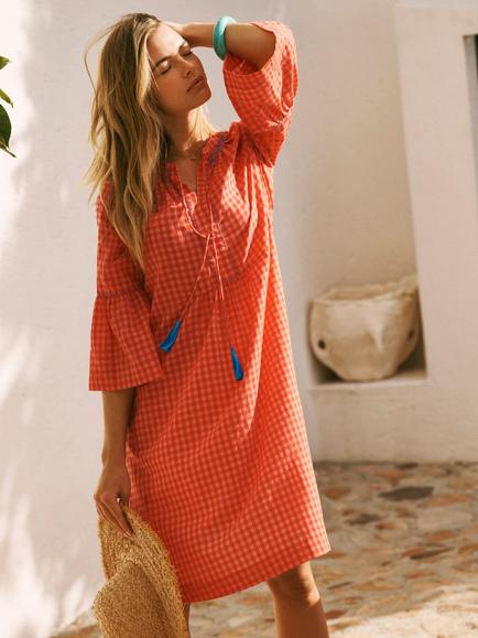 NRBY Lillibet Embroidered Gingham Dress, Red/Coral, Red/Coral