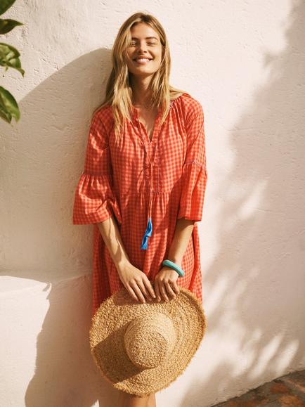 NRBY Lillibet Embroidered Gingham Dress, Red/Coral - view 2, Red/Coral