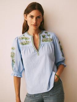 NRBY x Susan Entwistle Andi Cotton Seersucker Embroidered Top, Light Blue