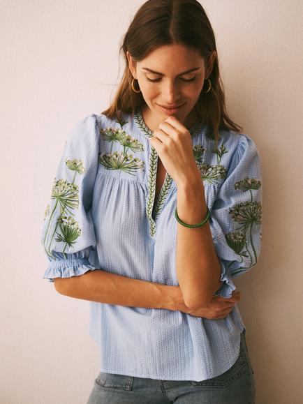 NRBY x Susan Entwistle Andi Cotton Seersucker Embroidered Top - view 2, Light Blue