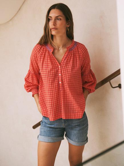 NRBY Tilda Embroidered Gingham Shirt, Red/Coral, Red/Coral