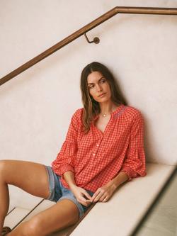 NRBY Tilda Embroidered Gingham Shirt, Red/Coral - view 2, Red/Coral