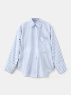 Mango Relaxed Embellished Striped Shirt, Sky Blue, Sky Blue
