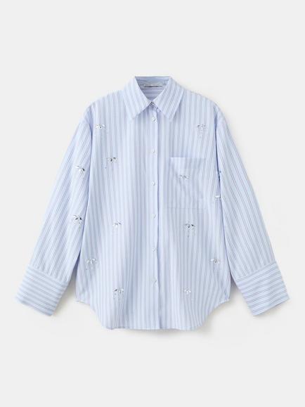 Mango Relaxed Embellished Striped Shirt, Sky Blue, Sky Blue
