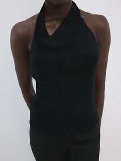 Mango Sculptural Drape Halterneck Knit Top, Black, Black