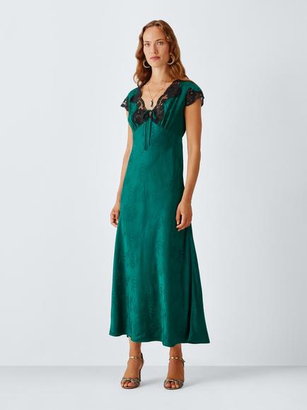 John Lewis x RIXO Amari Satin Jacquard Midi Dress, Green, Green