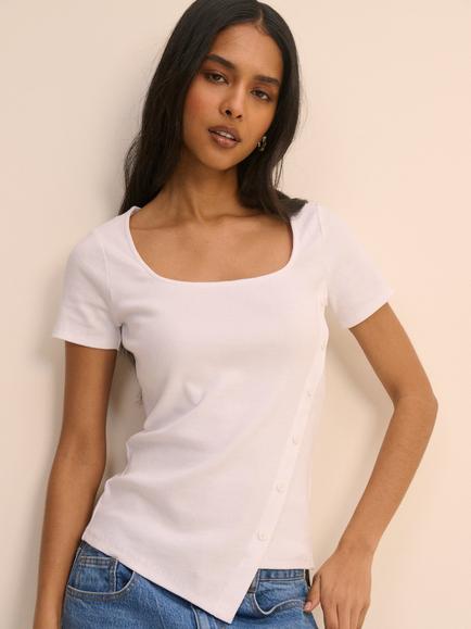 Nobody's Child Asymmetrical Ribbed Cotton T-Shirt, White, White