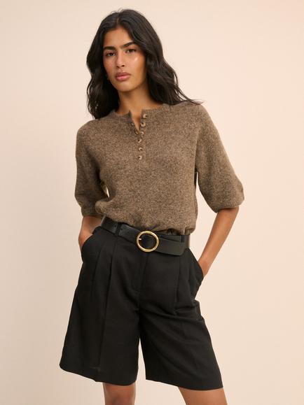 Nobody's Child Henley Short Sleeve Button Neck Knit Top, Brown, Brown