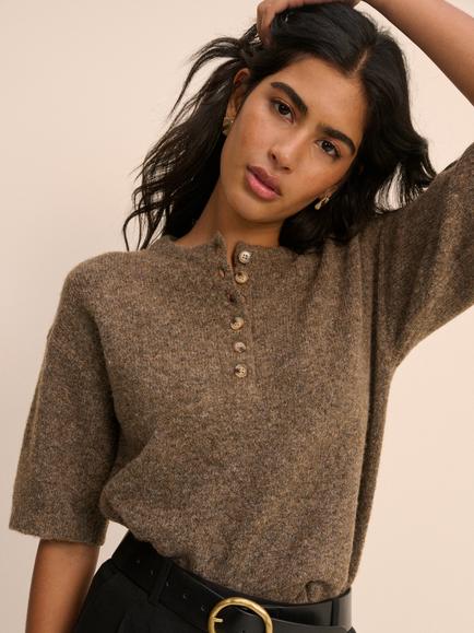 Nobody's Child Henley Short Sleeve Button Neck Knit Top, Brown - view 2, Brown