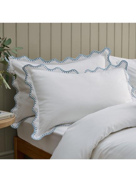 Christy Lucerne Scalloped 400 Thread Count Cotton Sateen Duvet Cover Set - view 2, White/Indigo