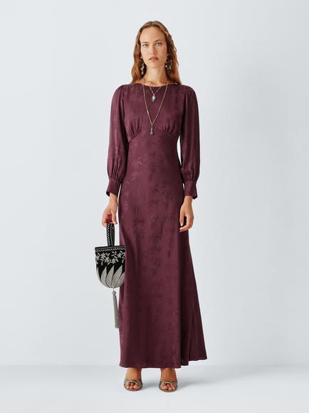 John Lewis x RIXO Marni Satin Jacquard Maxi Dress, Burgundy, Burgundy