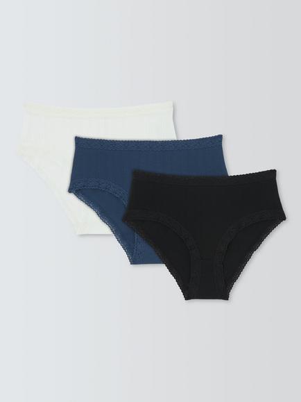John Lewis Pointelle Shorty Knickers, Pack of 3, Black/Ivory, Black/Ivory
