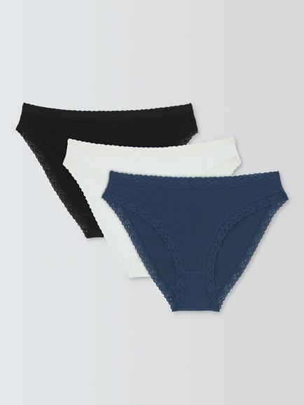 John Lewis Pointelle Bikini Knickers, Pack of 3, Black/Ivory, Black/Ivory