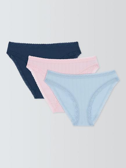 John Lewis Pointelle Bikini Knickers, Pack of 3, Blue/Pink, Blue/Pink