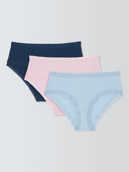 John Lewis Pointelle Shorty Knickers, Pack of 3, Blue/Pink, Blue/Pink