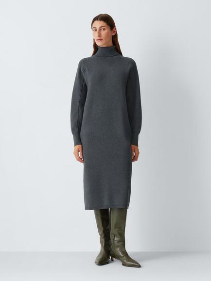 John Lewis Cotton Rich Batwing Roll Neck Knit Midi Dress, Charcoal