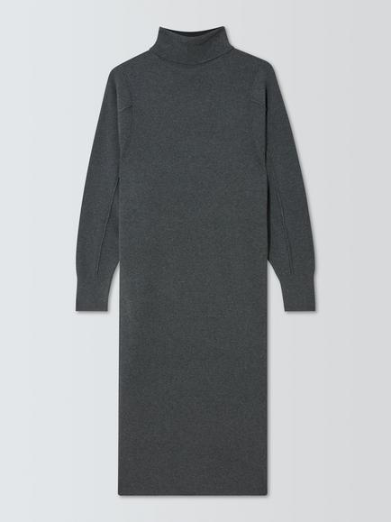 John Lewis Cotton Rich Batwing Roll Neck Knit Midi Dress, Charcoal