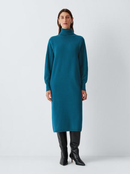 John Lewis Cotton Rich Batwing Roll Neck Knit Midi Dress, Teal