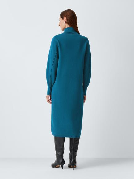 John Lewis Cotton Rich Batwing Roll Neck Knit Midi Dress - view 2, Teal
