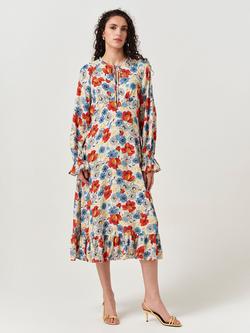 Ghost Georgie Tie Neck Crepe Midi Dress, Ivory/Multi, Ivory/Multi